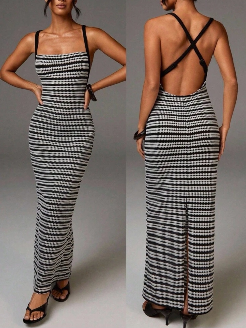 BRAND NEW Black & White Striped Knit Maxi Dress with Crisscross Back